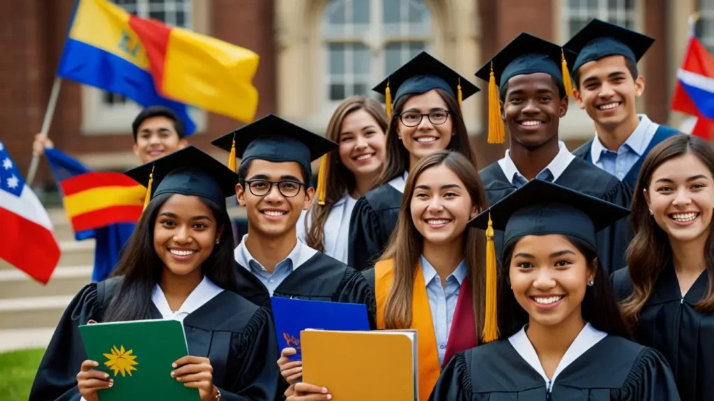 طلاب دوليون من خلفيات متنوعة يدرسون معًا في جامعة مرموقة، محاطين بالكتب وأجهزة الكمبيوتر المحمولة والأعلام من بلدان مختلفة، يرمزون إلى فرص التعليم والمنح الدراسية العالمية.