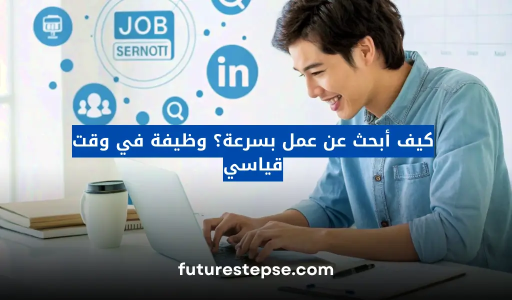 شخص يجلس أمام جهاز كمبيوتر محمول يبحث عن وظائف عبر الإنترنت مع أيقونات لمواقع التوظيف.