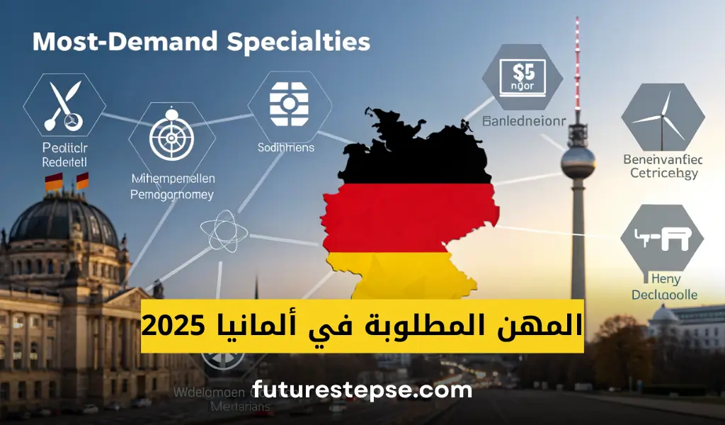 منشور رسومي عن المهن المطلوبة في ألمانيا 2025، يحتوي على أيقونات ممرض، مهندس برمجيات، ومهندس ميكانيكي، مع خريطة ألمانيا. النص يقول 'المهن المطلوبة في ألمانيا' ويبرز الرعاية الصحية والتكنولوجيا كأكثر القطاعات طلبًا.